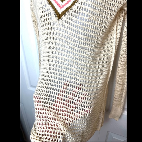 WE THE FREE People Varsity Sweater Open Knit VNeck Stripe Ivory Cream Pink Brown - Picture 6 of 11